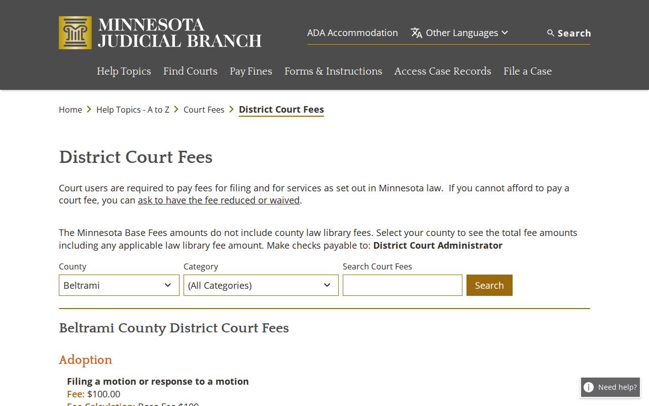Beltrami County court records fee schedule for copies, certification, scanning, faxing, and reports