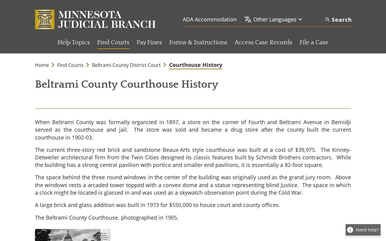 Beltrami County court docket access at the historic Beltrami courthouse