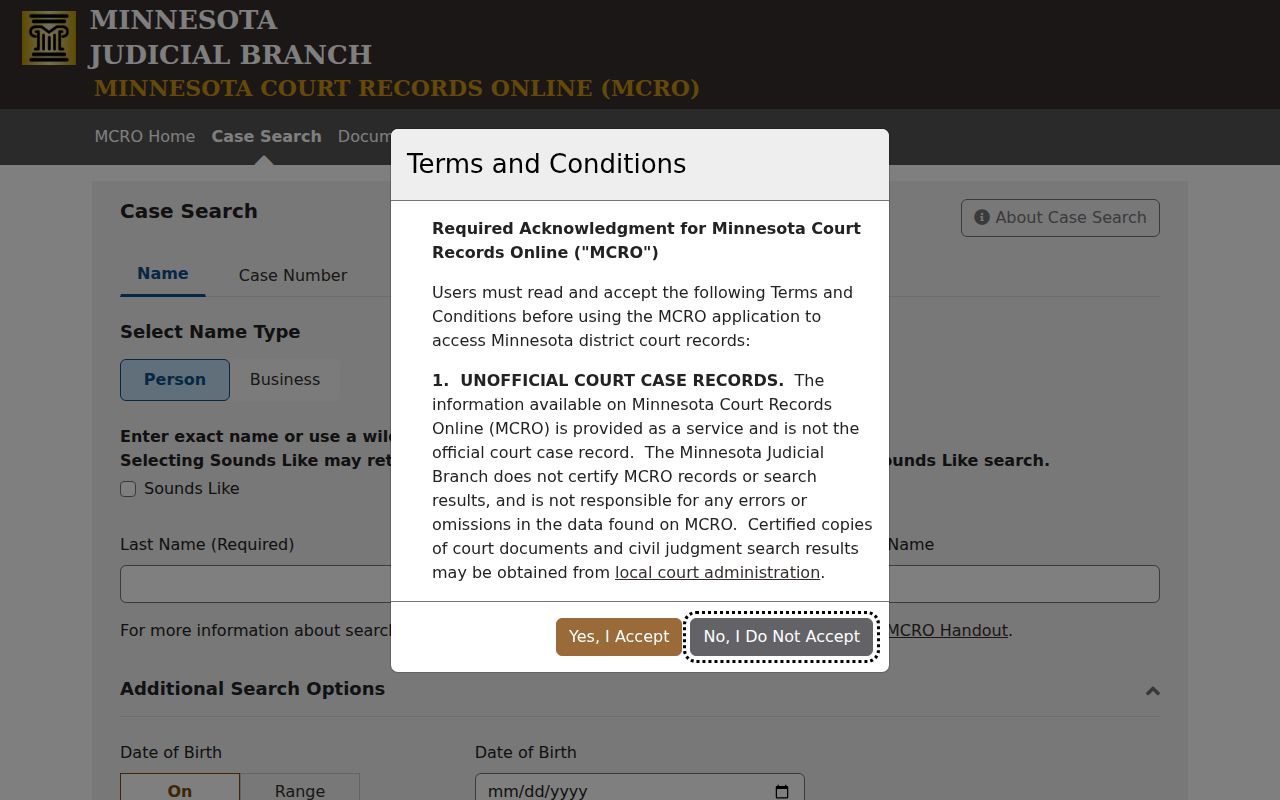 Beltrami County docket search controls in the Minnesota Court Records Online Case Search portal