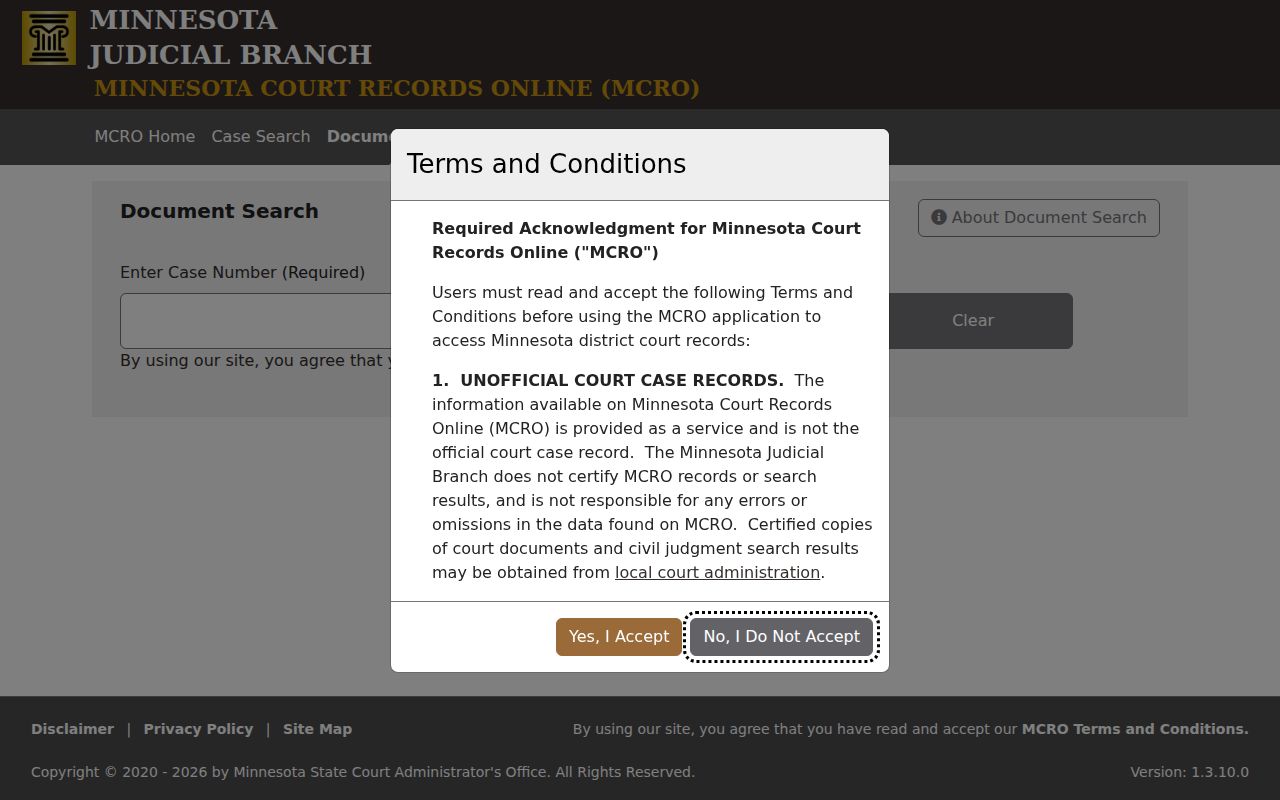 Beltrami County court docket document search field in the Minnesota MCRO portal