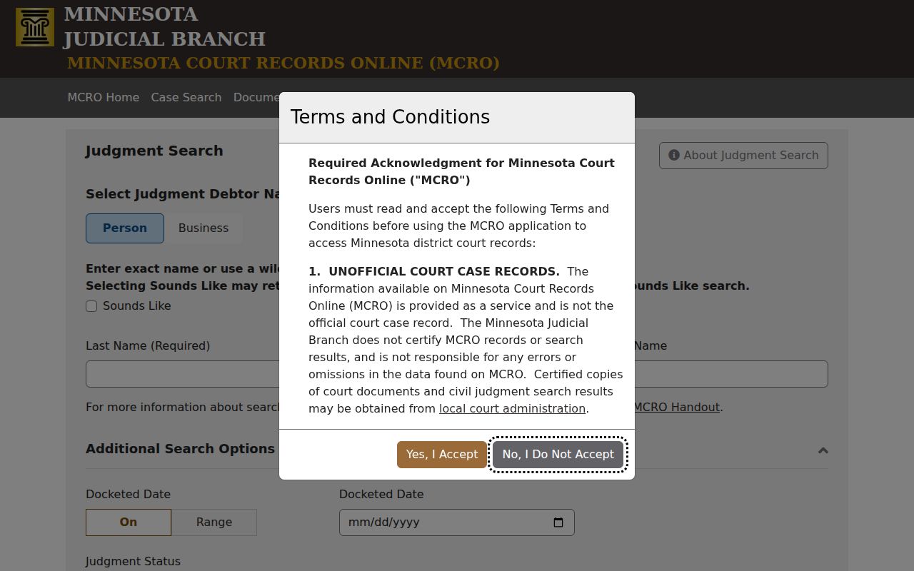 Beltrami County court records judgment search controls in Minnesota Court Records Online
