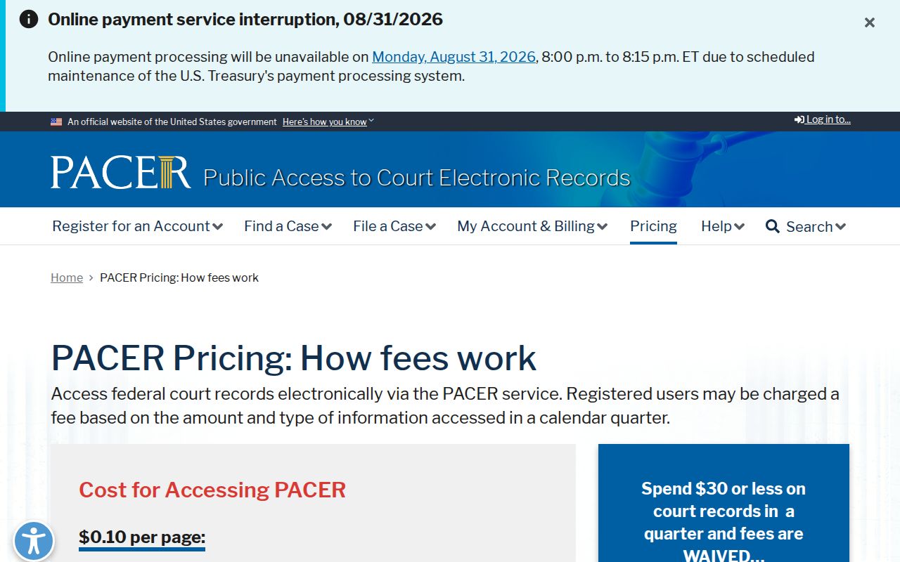 Tenstrike court records PACER federal pricing context