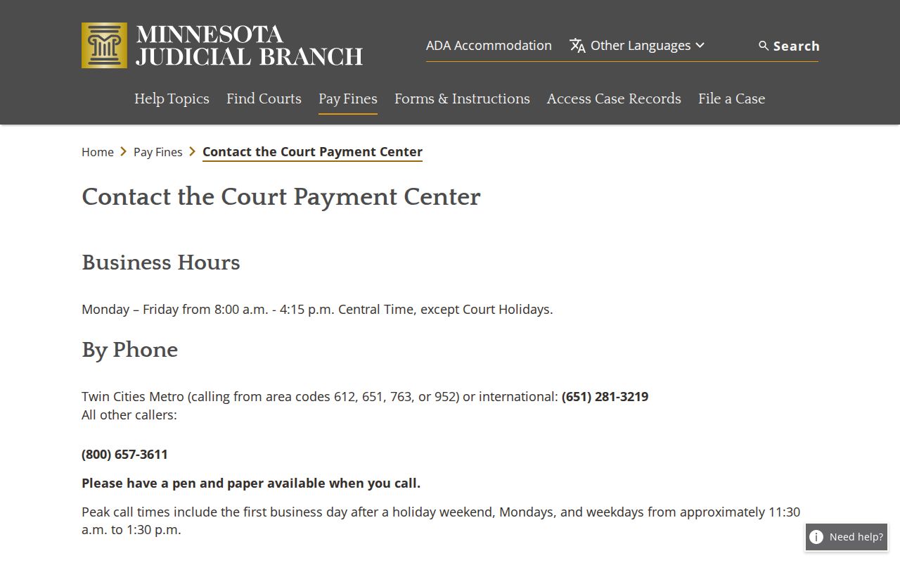Tenstrike court records Payment Center contact fields